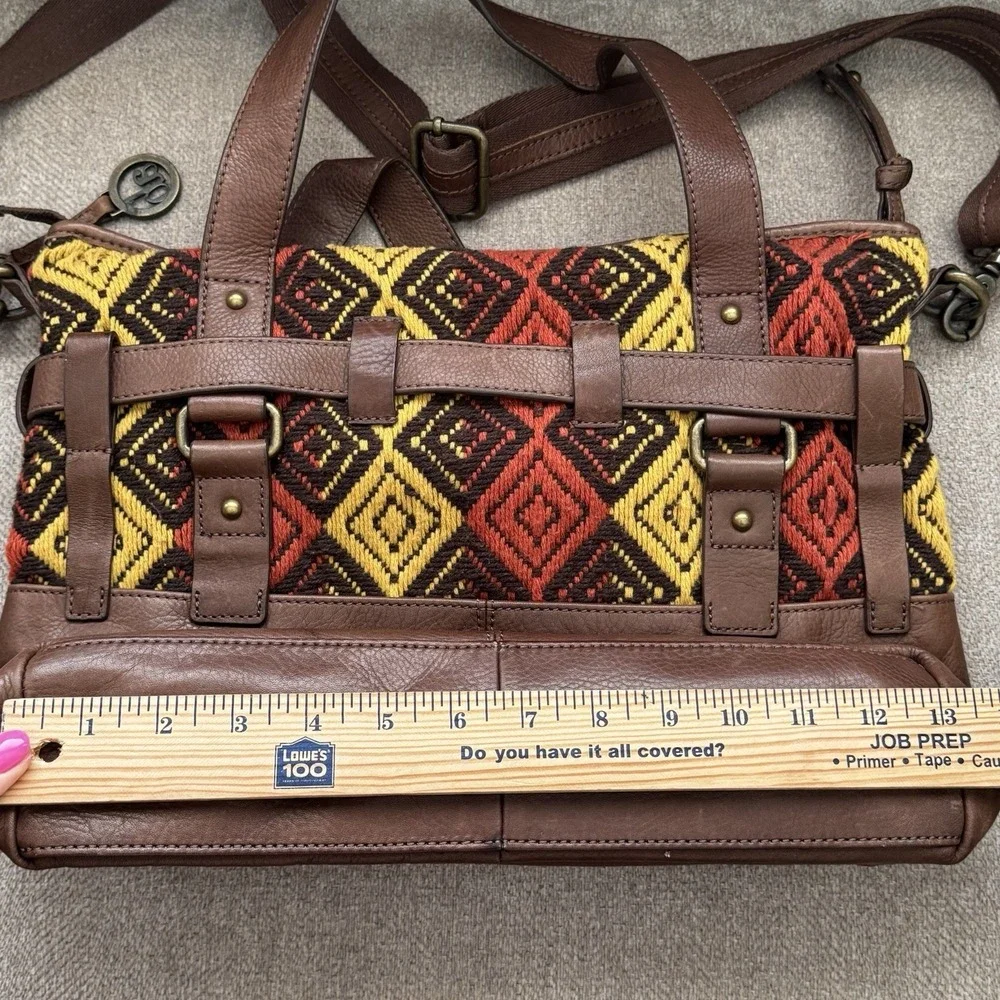 Audrey Brooke Leather Woven Bag Shoulder Bag Crossbody Brown Red Yellow‎ Tribal